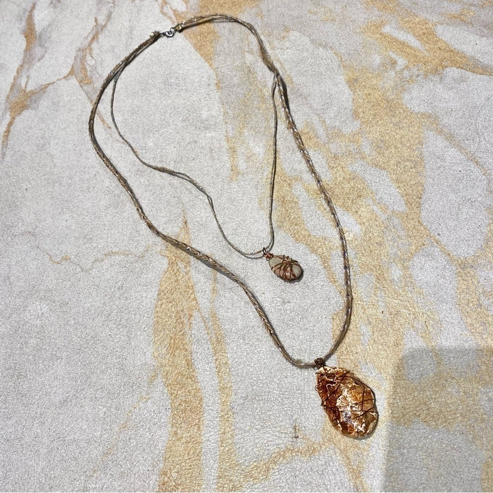 Handcrafted double layered w genuine stone & brass wire boho necklace